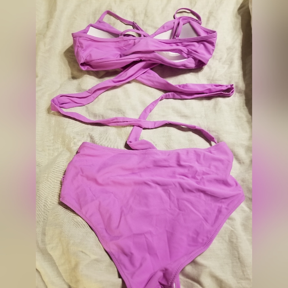 Lavender wrap around high waisted rauched swim size large - Picture 6 of 7